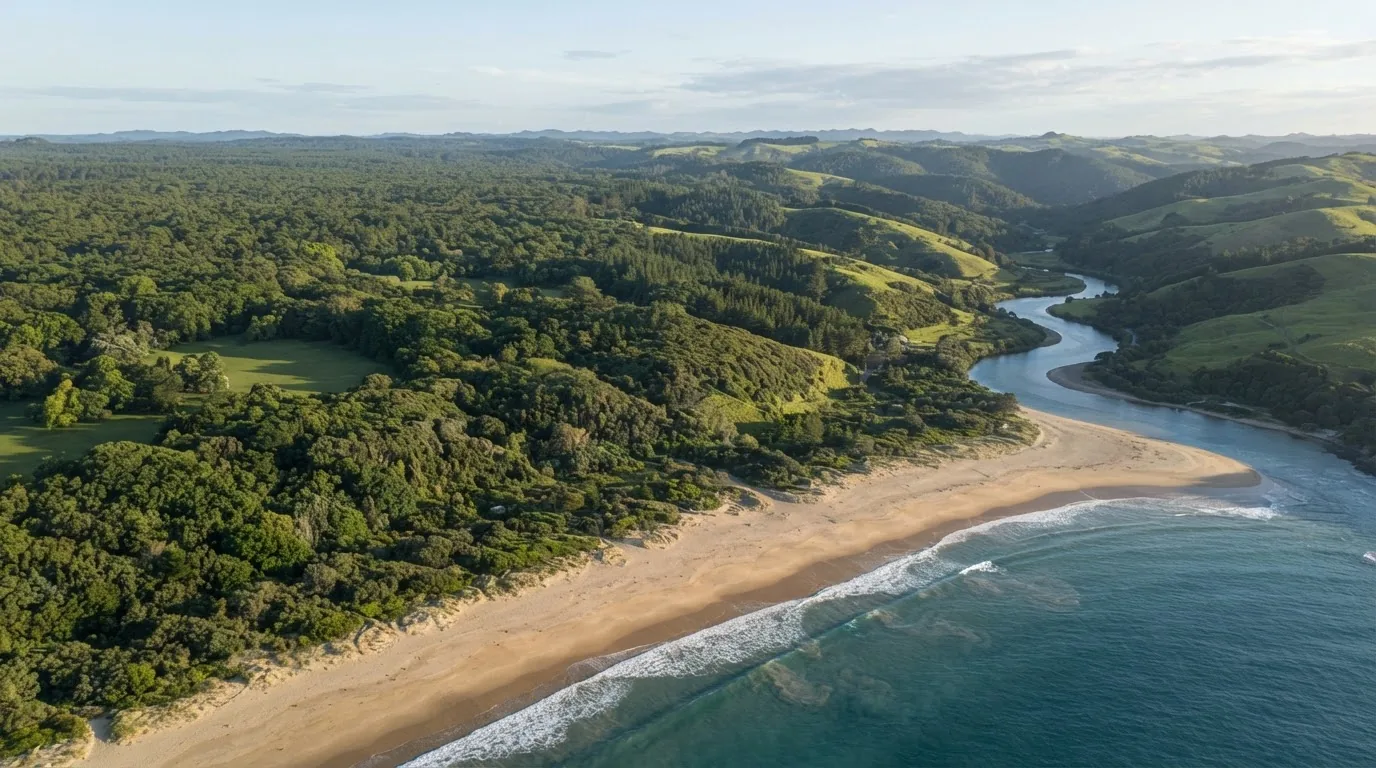 Aerial view of a coastline with a river mouth, a long beach and green hills behind.