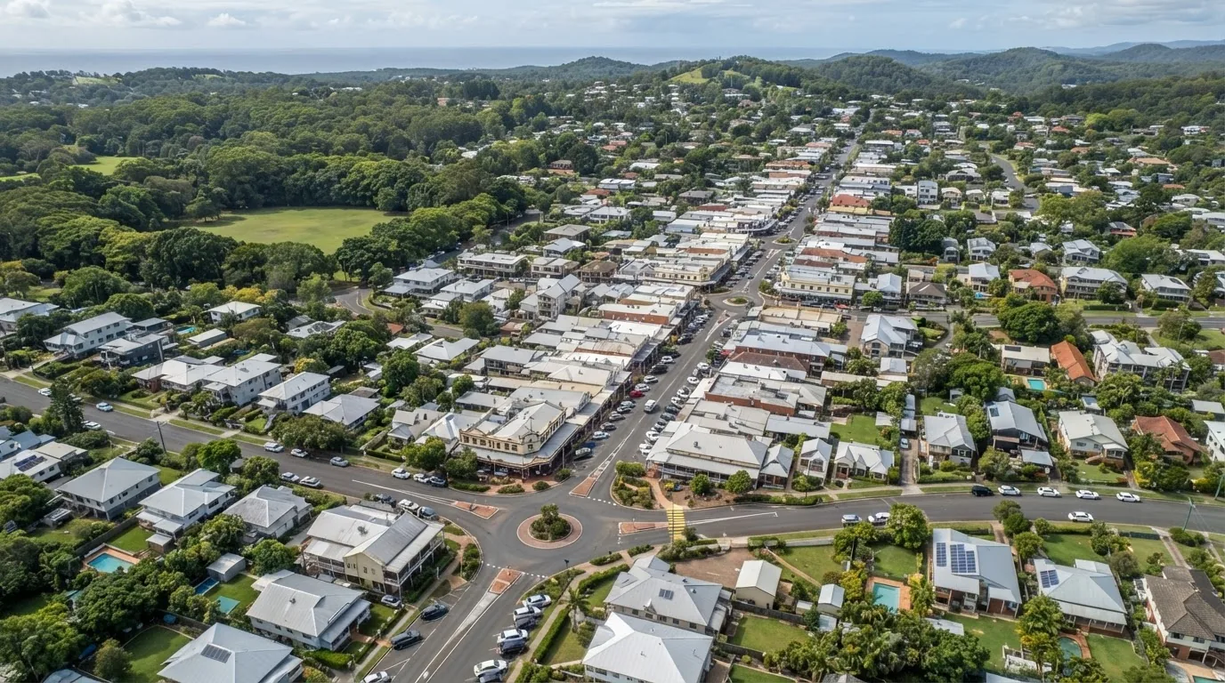 Aerial view of streets, houses and trees in a coastal town