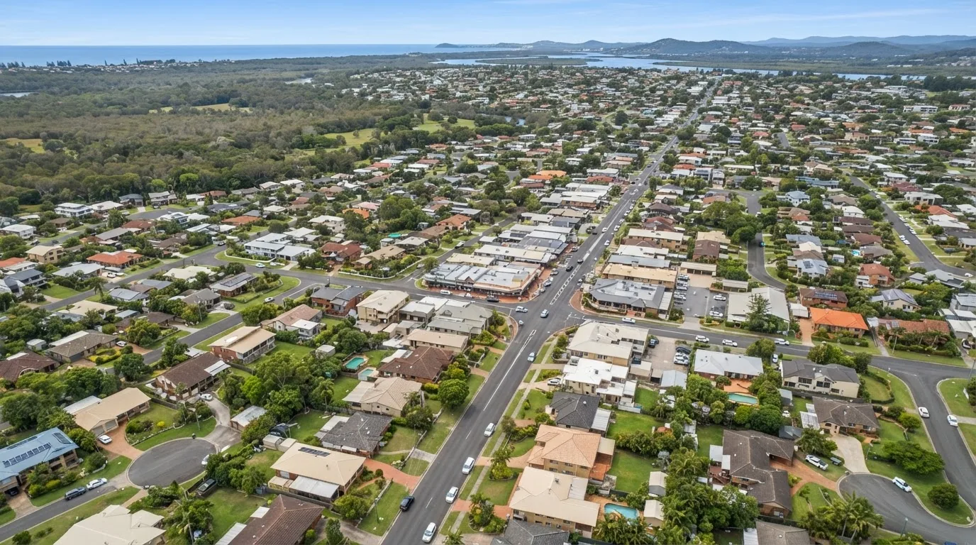 Aerial view of streets, houses and trees in a coastal town