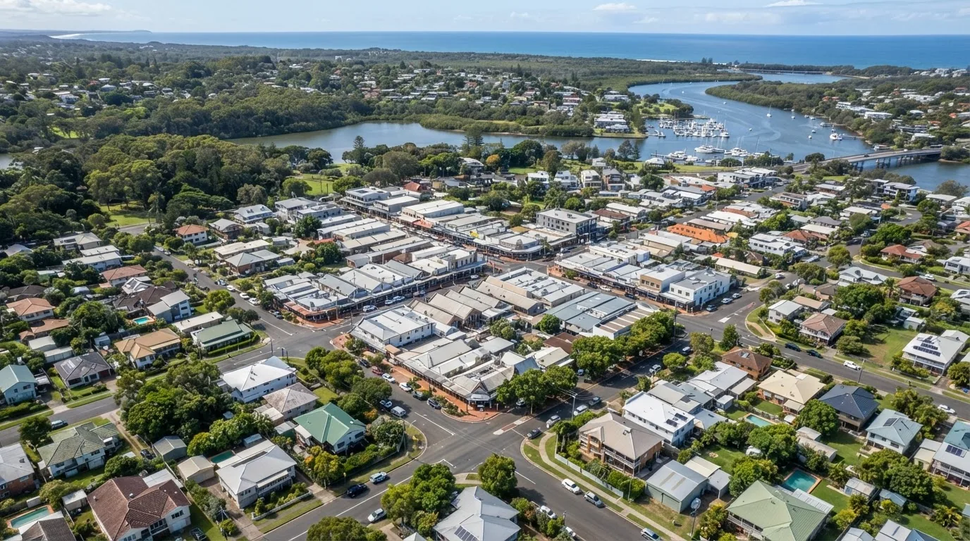Aerial view of streets, houses and trees in a coastal town