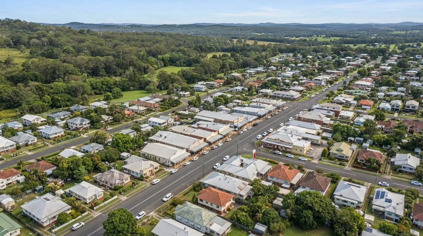 Aerial view of streets, houses and trees in a coastal town