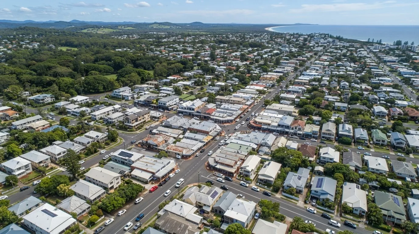 Aerial view of streets, houses and trees in a coastal town