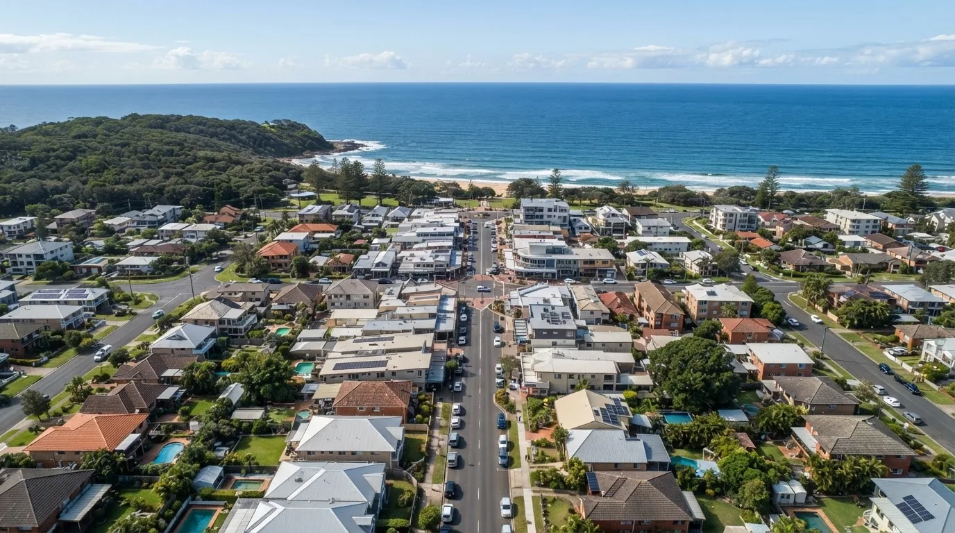 Aerial view of streets, houses and trees in a coastal town