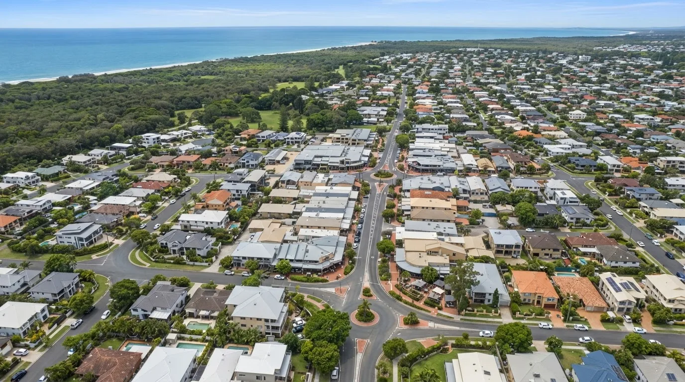 Aerial view of streets, houses and trees in a coastal town