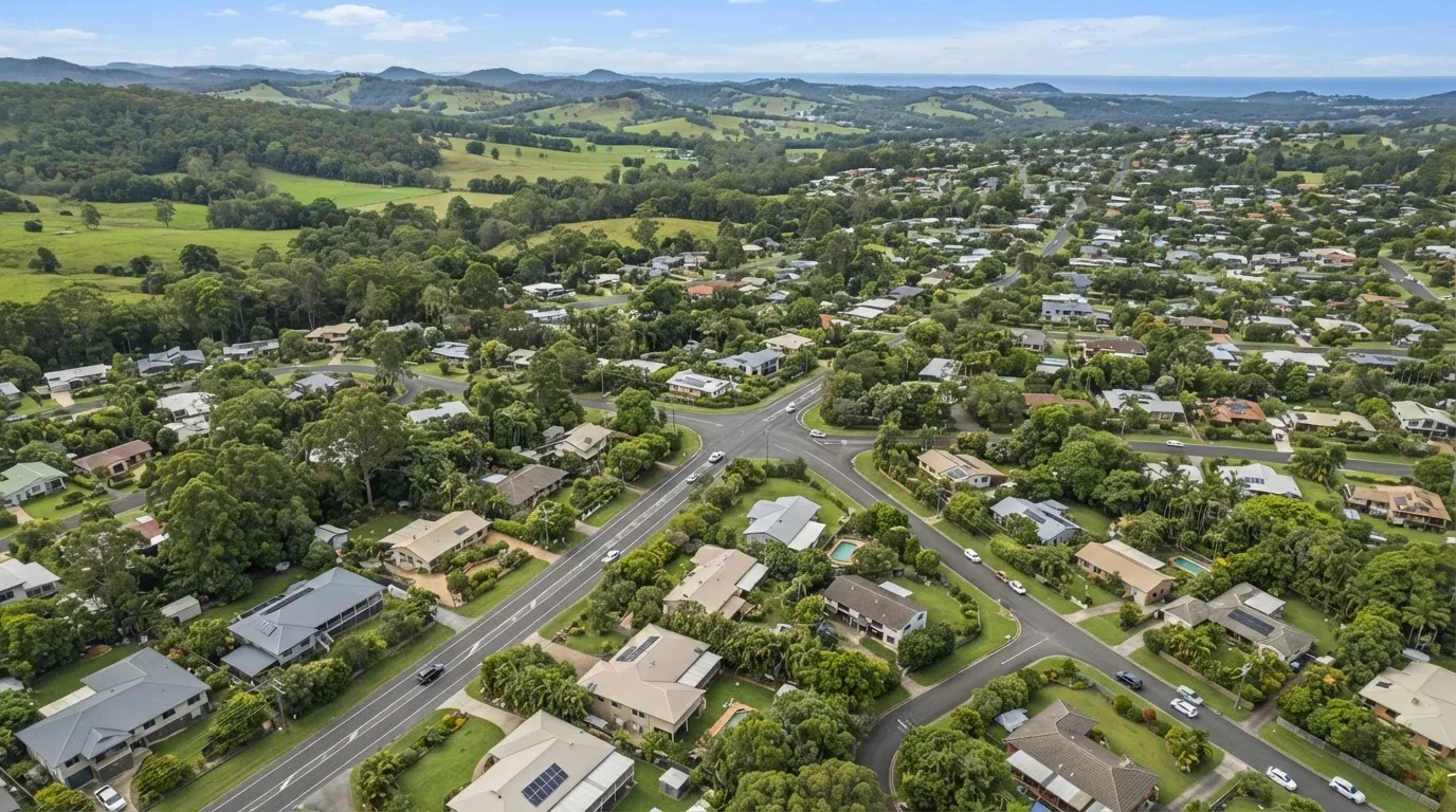 Aerial view of streets, houses and trees in a coastal town