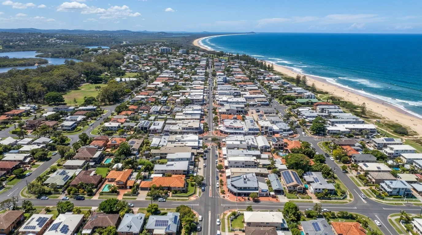 Aerial view of streets, houses and trees in a coastal town