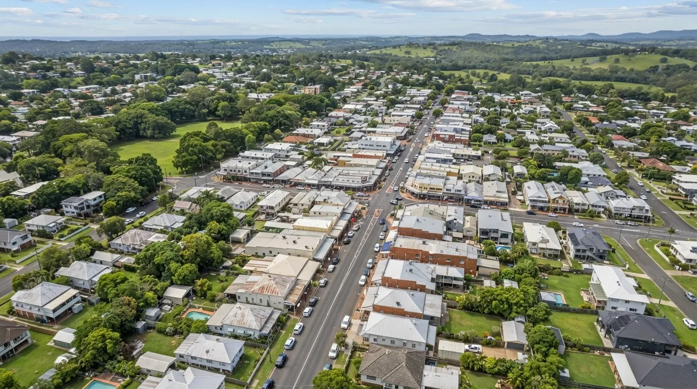 Aerial view of streets, houses and trees in a coastal town