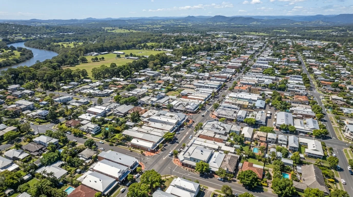 Aerial view of streets, houses and trees in a coastal town
