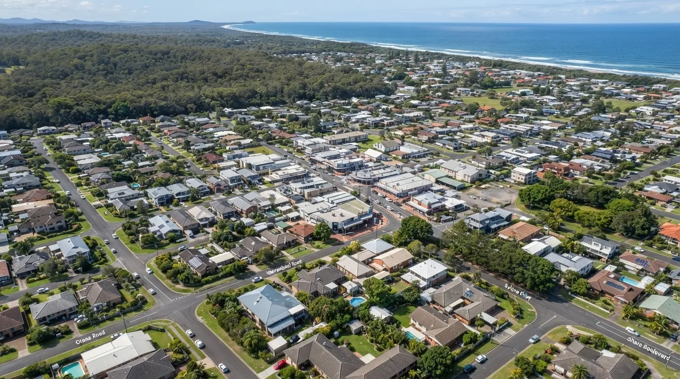 Aerial view of streets, houses and trees in a coastal town
