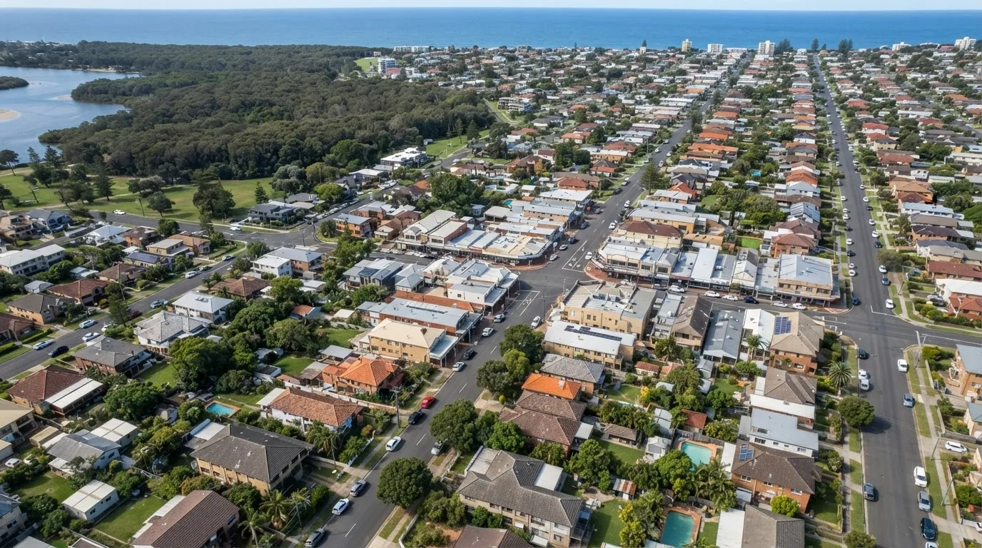 Aerial view of streets, houses and trees in a coastal town