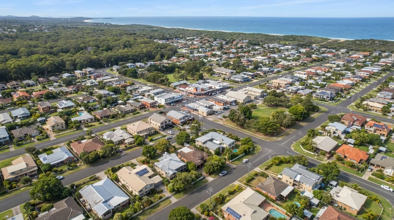 Aerial view of streets, houses and trees in a coastal town