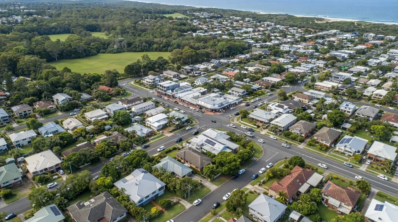 Aerial view of streets, houses and trees in a coastal town