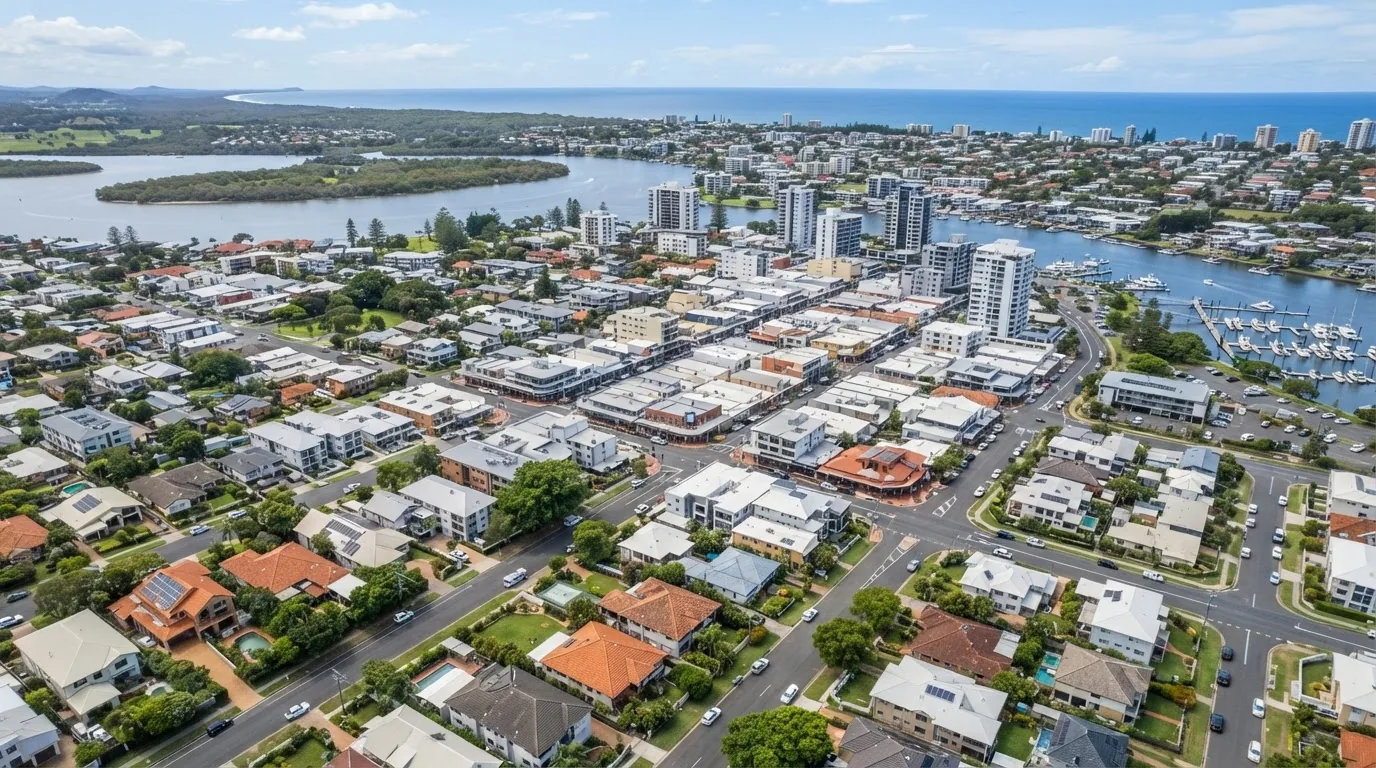 Aerial view of streets, houses and trees in a coastal town