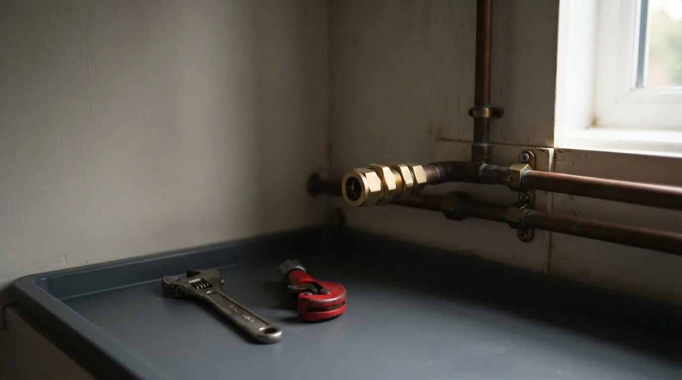 A brass fitting on copper pipework under a kitchen sink with a spanner and tube cutter beside it.