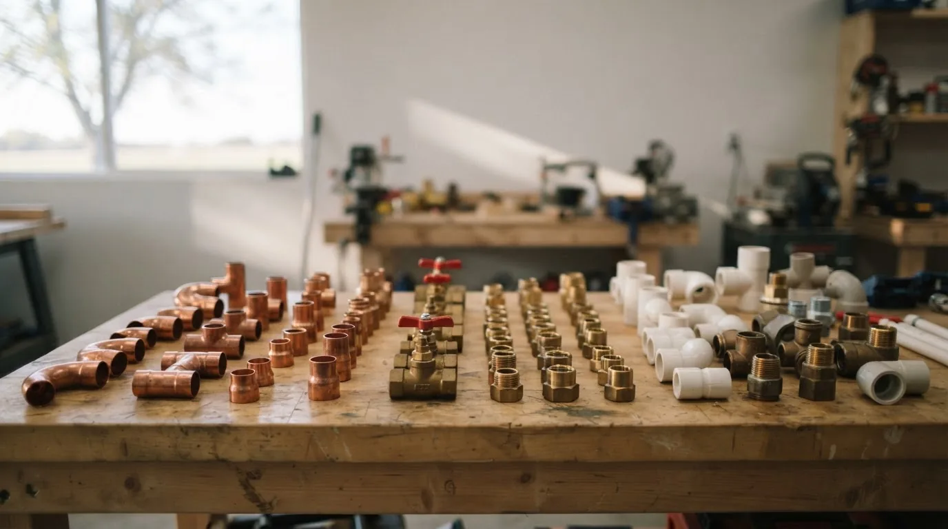 Copper, brass and plastic plumbing fittings sorted in rows on a workbench.