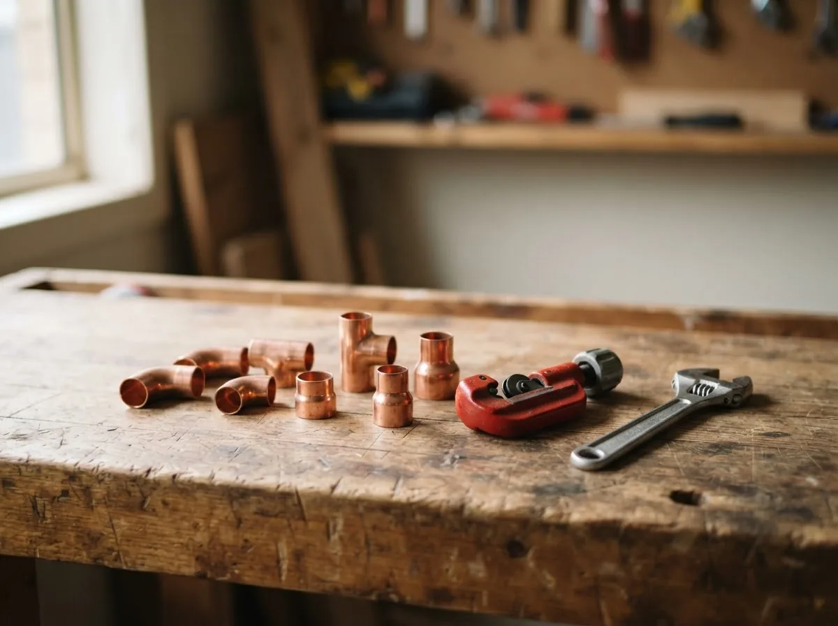Copper pipe fittings, a tube cutter and a spanner arranged on a timber workbench.