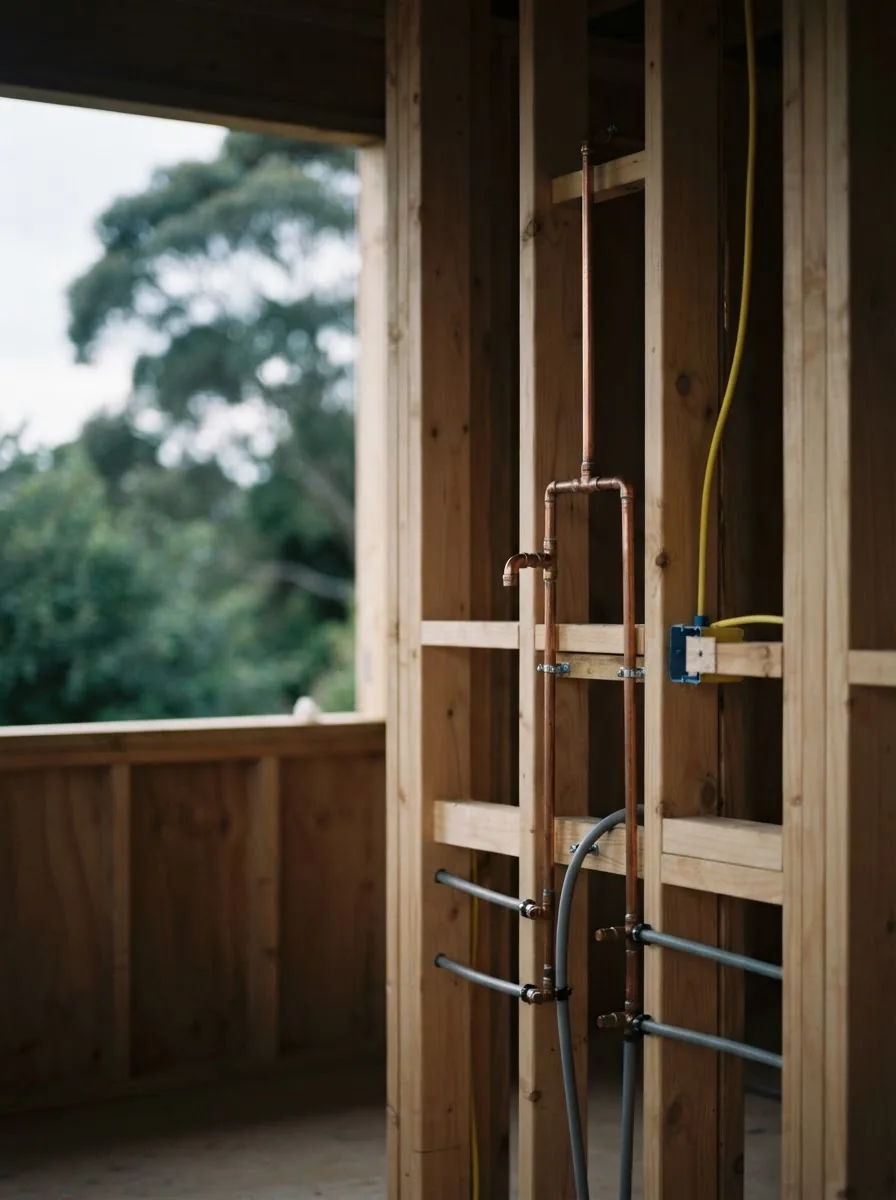 A bathroom wall frame with rough-in pipework for a shower and vanity before the walls are lined.