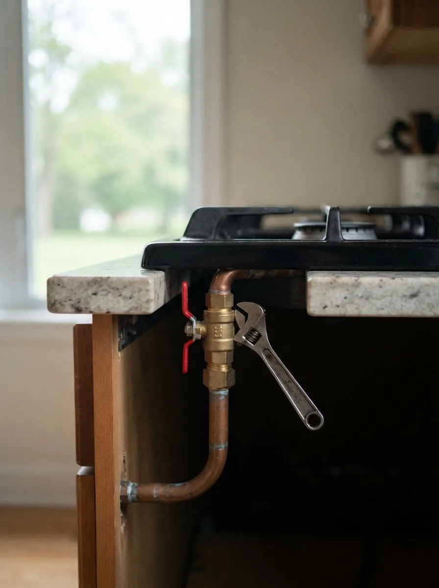 A copper gas pipe and brass isolating valve at a gas cooktop connection with a spanner on the fitting.