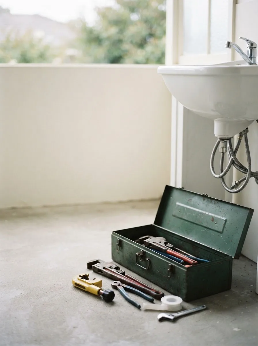An open toolbox with pipe wrenches, a tube cutter and thread tape beside a laundry tub tap.