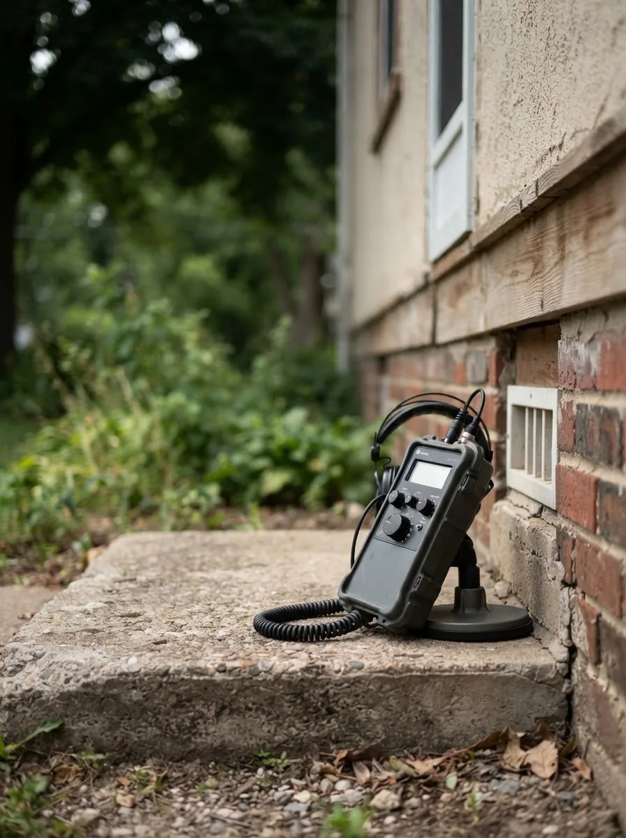 A leak detection listening device resting against a concrete slab beside a house.