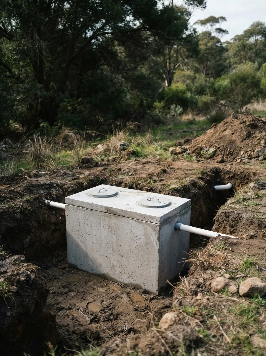 A new septic tank in an excavated pit on a rural block with trenches dug beside it.