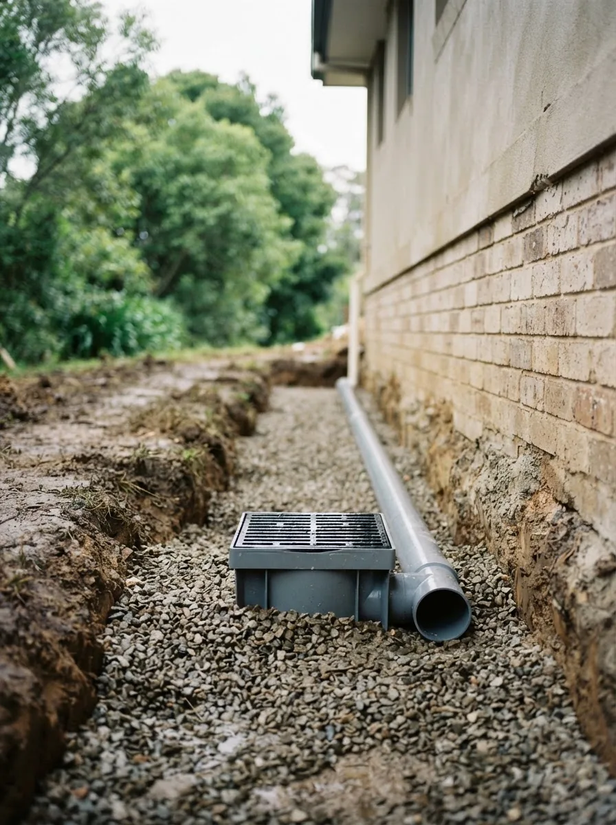 A trench beside a house with grey stormwater pipe and a drainage pit laid on a gravel bed.