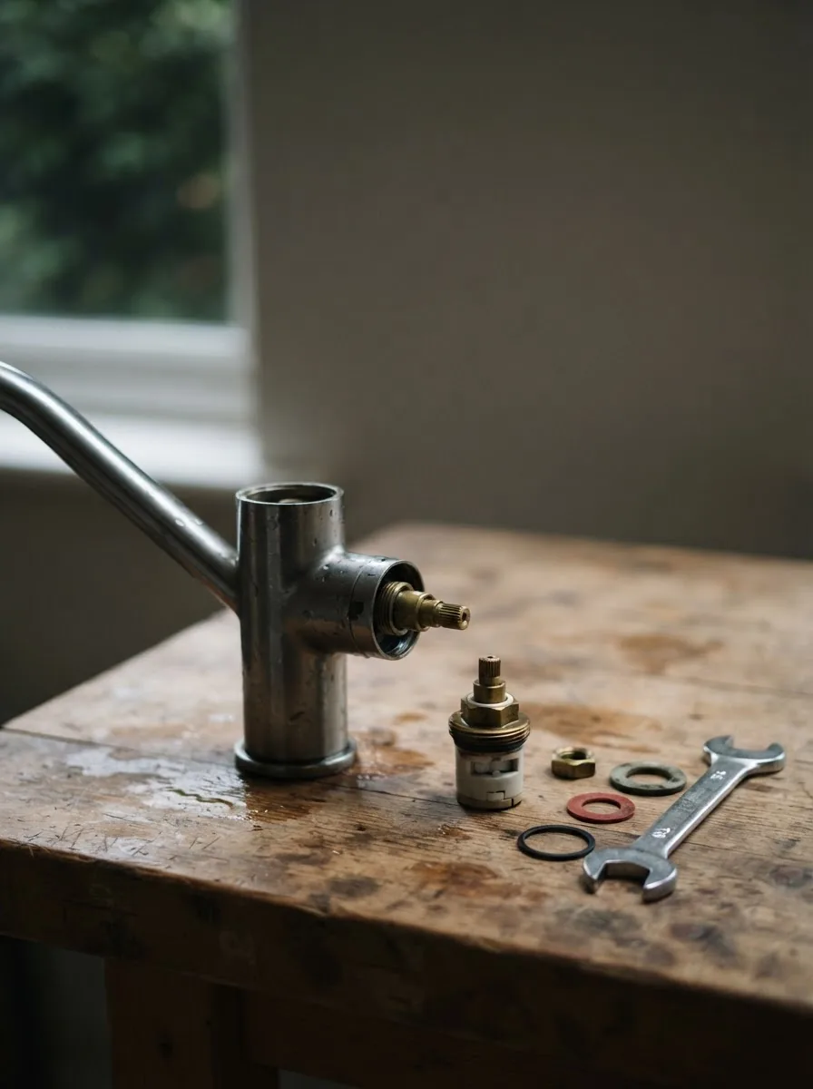 A kitchen mixer tap partly dismantled on a bench with the cartridge, washers and a spanner beside it.