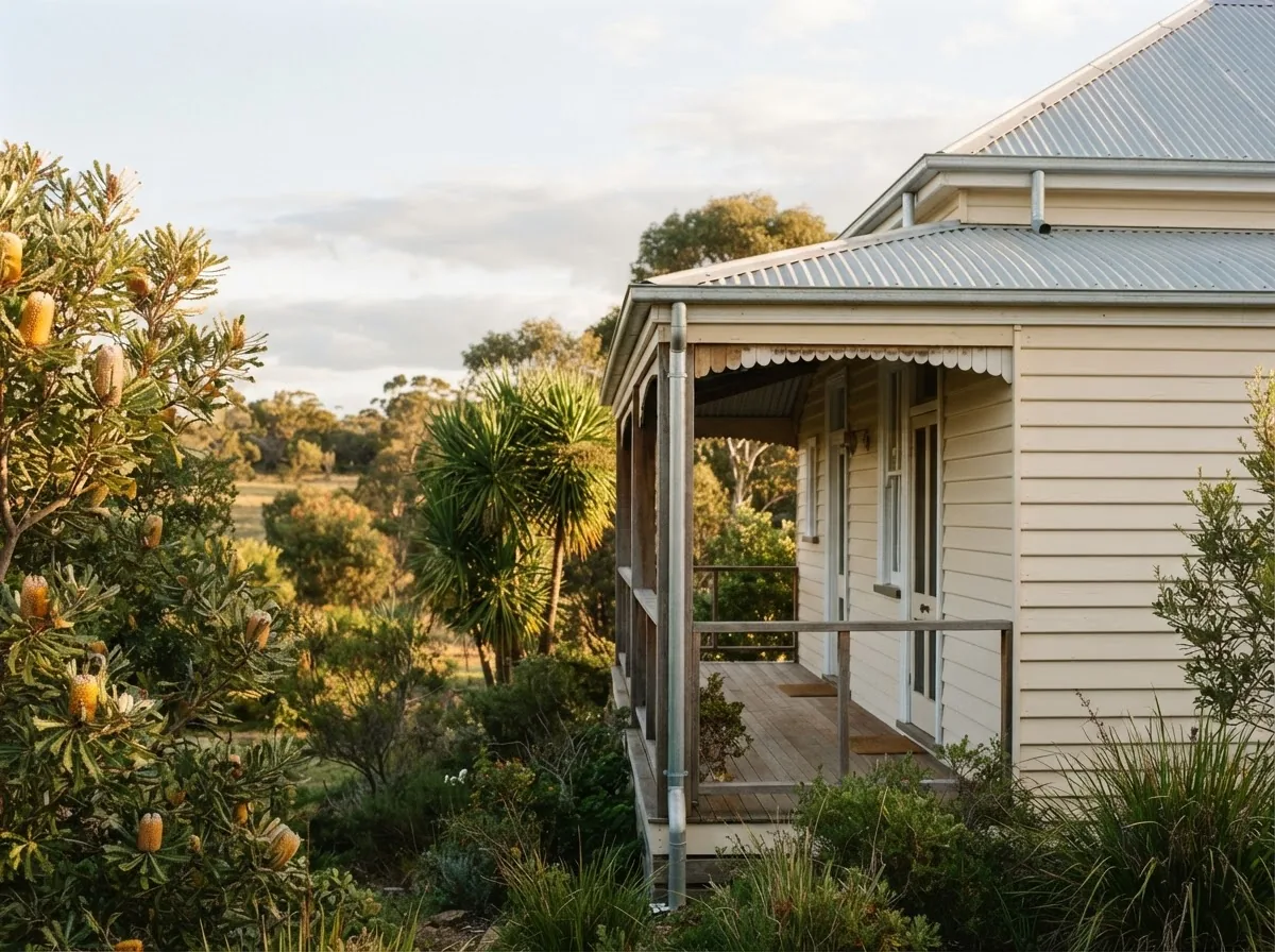 A weatherboard house with a tin roof and veranda, with the gutter and downpipe in sharp focus.